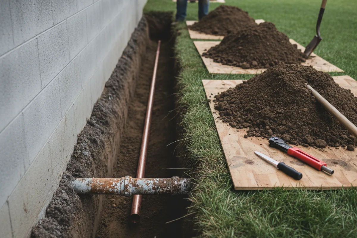 Excavated water line trench during Water Softener Installation in Wilder